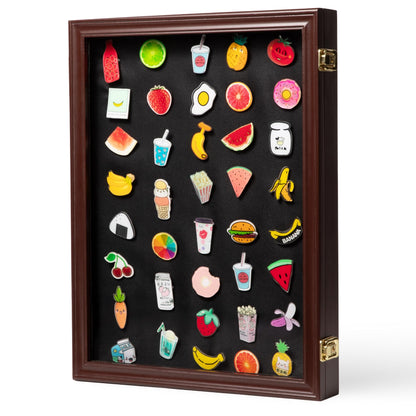 Solentra Pin Display Case – 19" X 14" Wooden Shadow Box Frame with Lockable Acrylic Door and Black Felt Backing for Enamel Pins, Badges & Medals