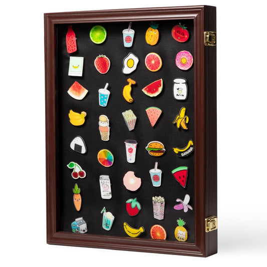 Solentra Pin Display Case – 19" X 14" Wooden Shadow Box Frame with Lockable Acrylic Door and Black Felt Backing for Enamel Pins, Badges & Medals