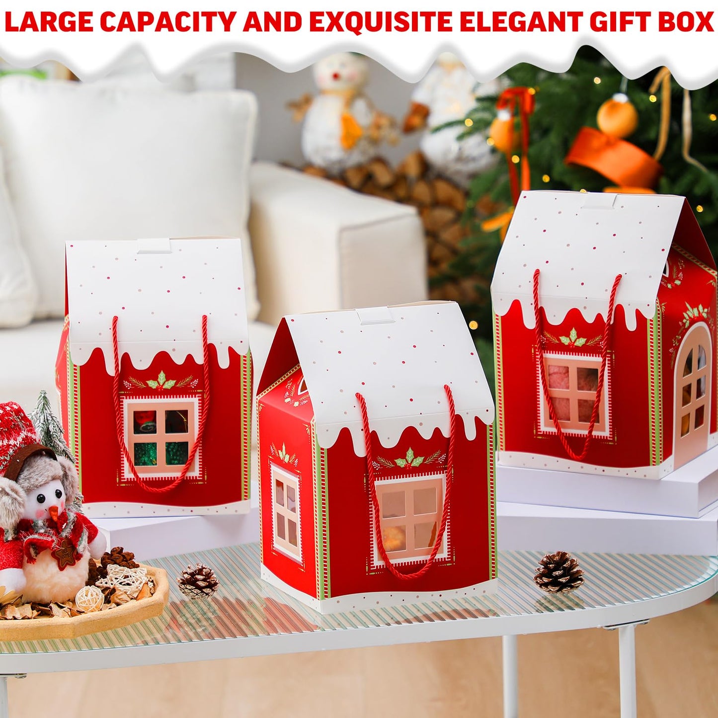 AmazingSpark 12 Pack Large Christmas Enchanted Gift Boxes Wonderland Cottage House Shaped Christmas Boxes with Handle, Real Estate Agent Gift Bag Xmas Paper Candy Packaging Box, 11.8 x 7.9 x 7inches