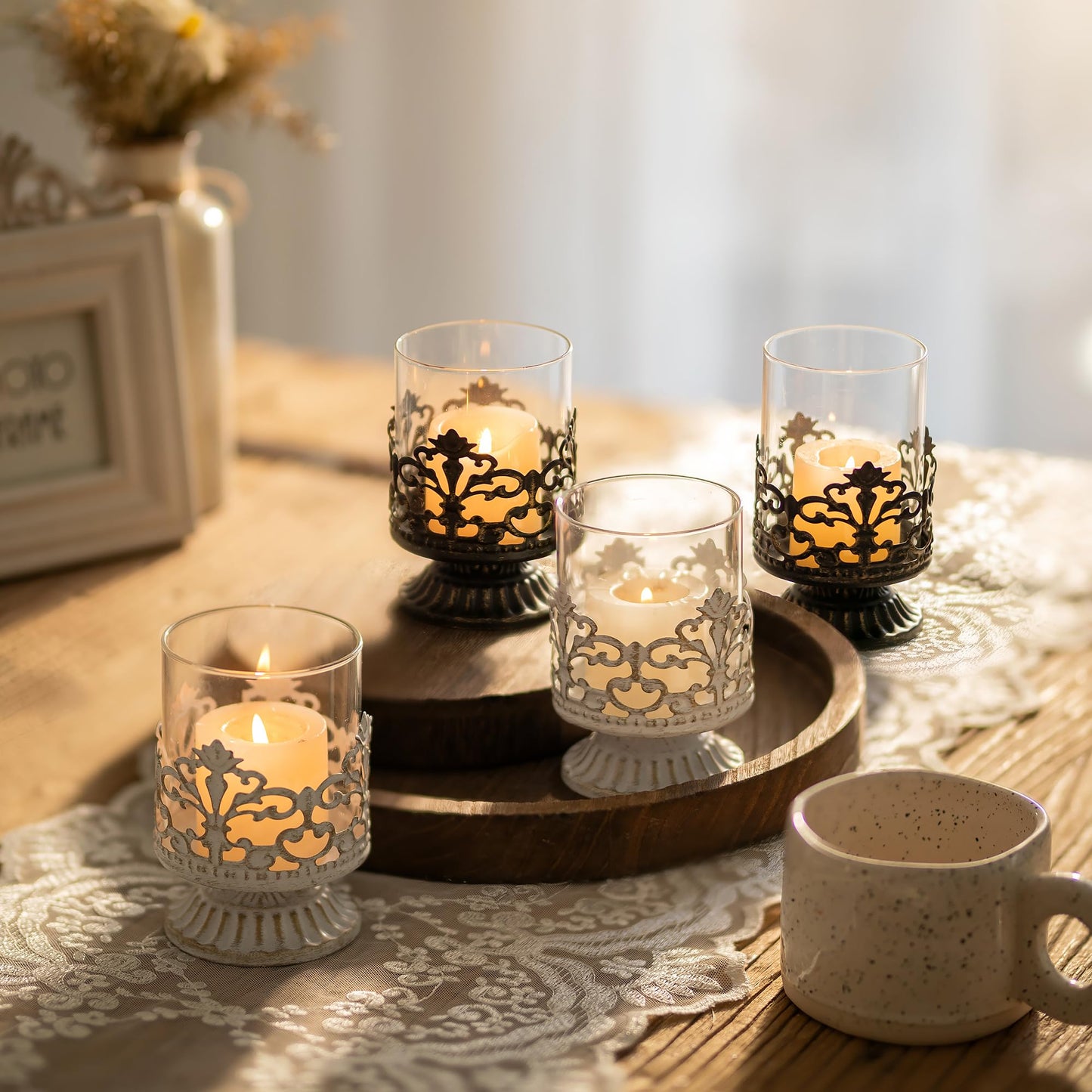 Hanobe Round Wooden Candle Trays: Rustic Candlestick Holder Tray Pillar Stand for Table Centerpiece - Farmhouse Coffee Table Decor for Living Room Kitchen Counter