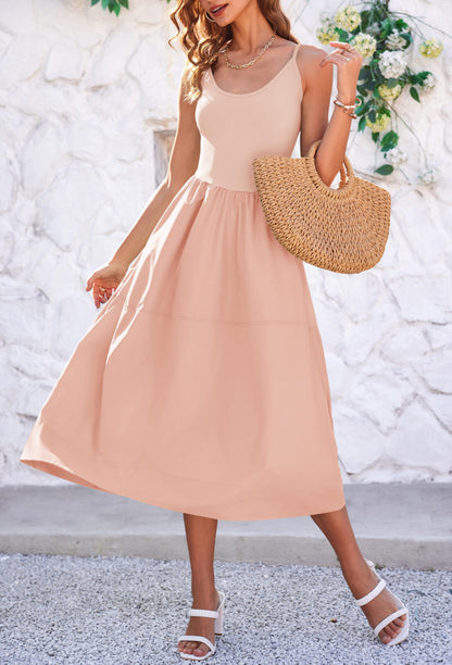 Fisoew Womens Spaghetti Strap Dress V Neck Backless Summer Casual A Line Cami Dress with Pocket Black