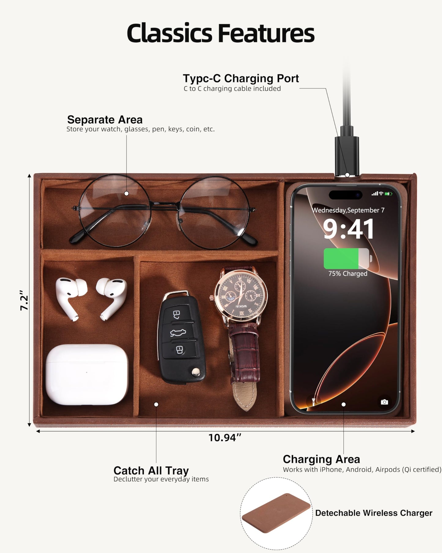Investme Valet Tray with Wireless Charger, Nightstand Organizer for Men, EDC Catchall Tray for Keys, Watch, Wallet, Jewellery, Premium Vegan Leather, Bedside Caddy, Stylish and Organized, Brown