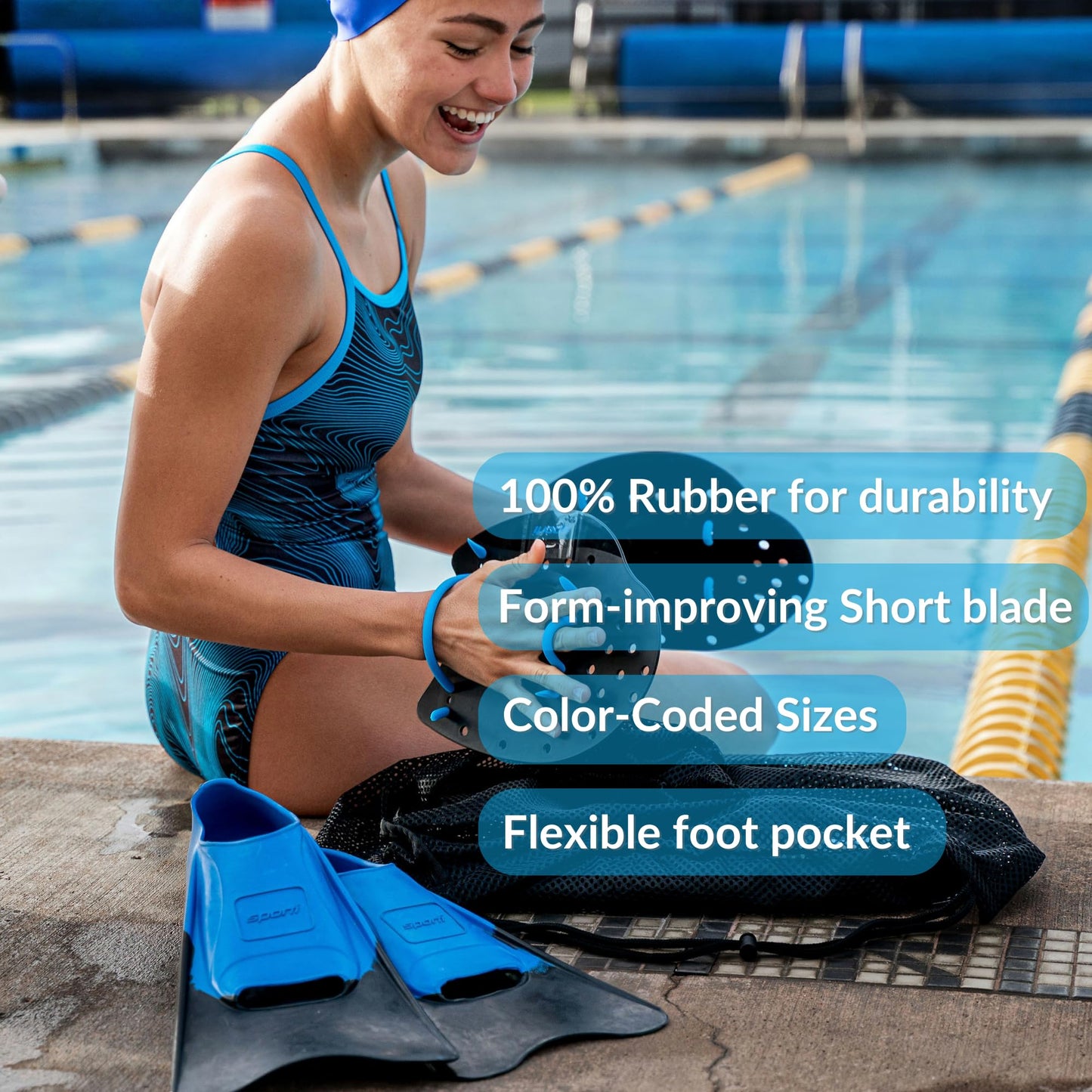 Sporti Adult-Kids Short Swim Fins, Floating Fin for Swimming & Snorkeling, Swim Flippers for Training - Lime GreenBlue - M 5-6 / W 6-7