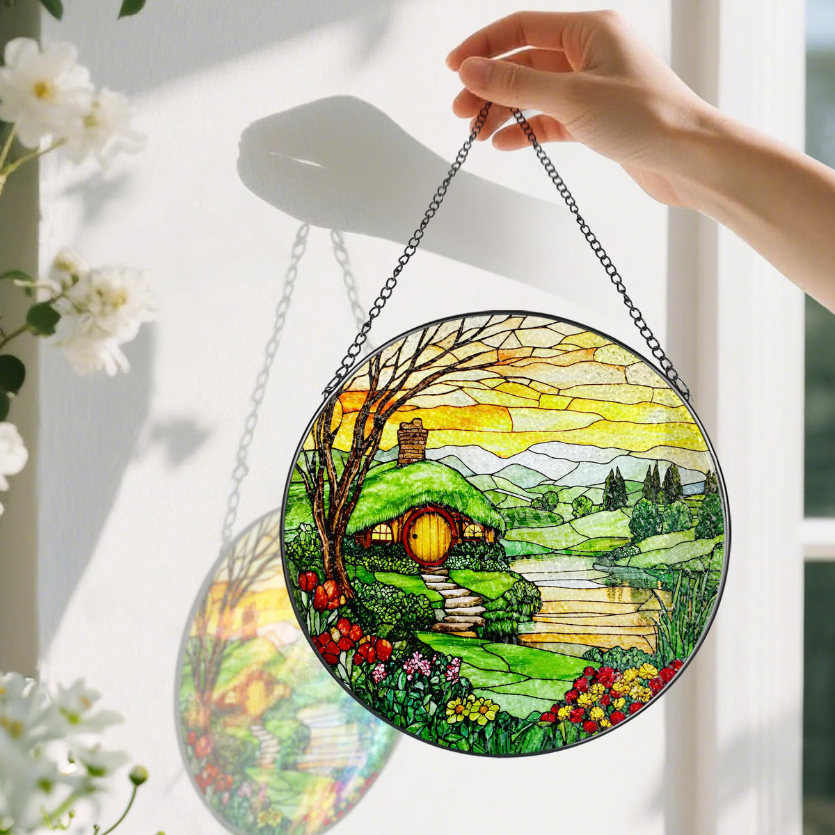 Stained Glass Window Hanging, Pauyadu 8 Inch The Shire Stained Glass Suncatcher, Window Decorations for Home, Mother's Day, Christmas, Birthday Gifts for Women, Mom, and Grandma, Nature Lovers