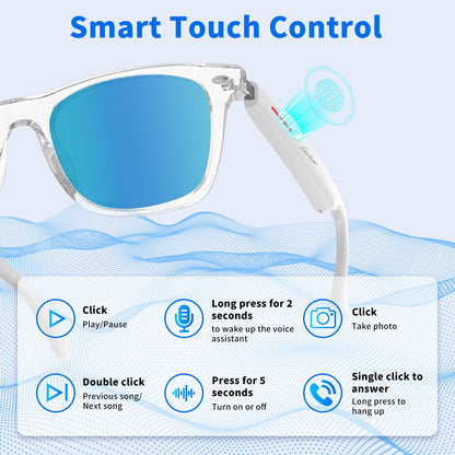 Smart Glasses - Bluetooth Glasses for Men & Women, Touch Control, Outdoor UV Protection and Voice Control, Hands-Free Calls (Clear Lens)