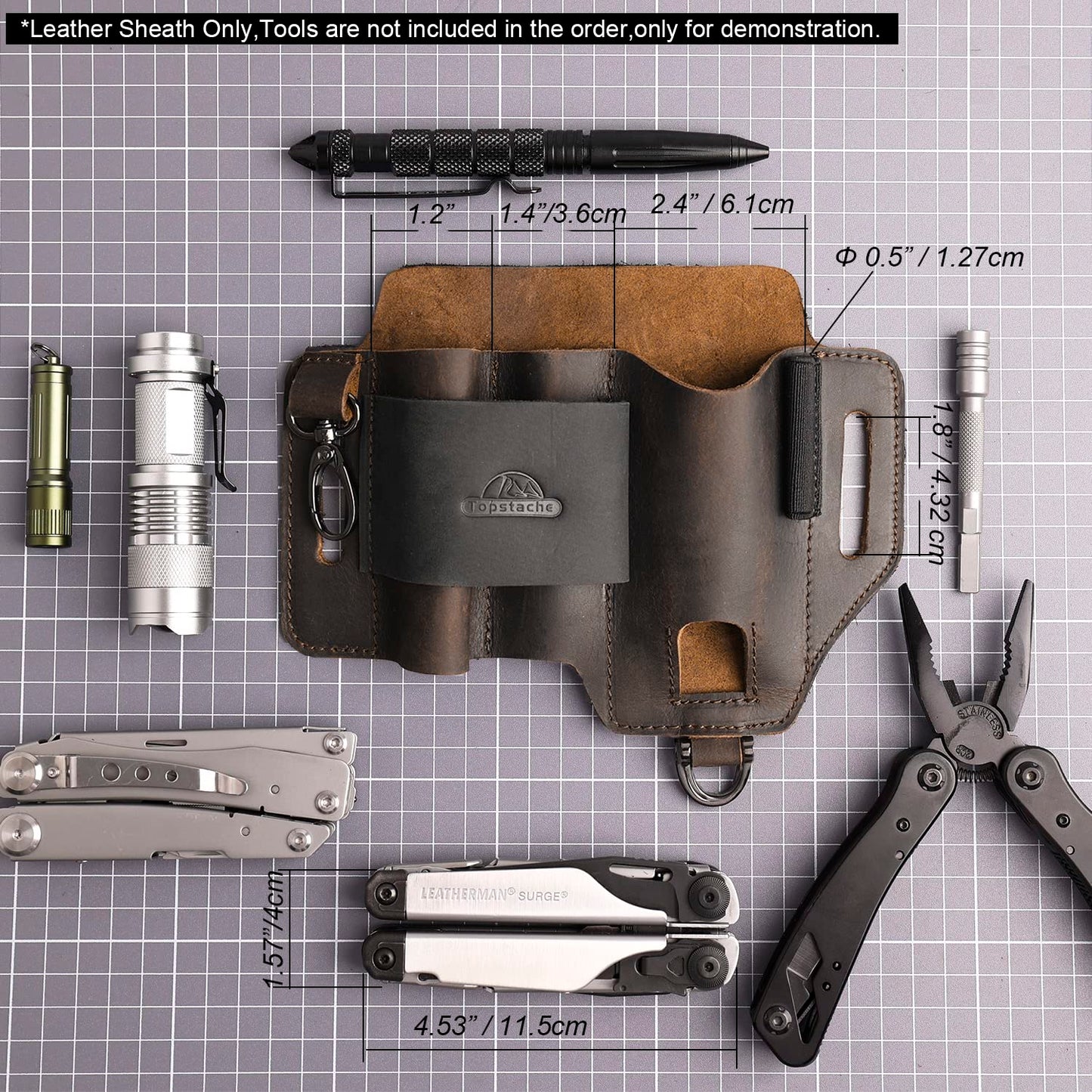 Topstache Leather Multitool Sheath,EDC Belt Organizer for Work and Daily Use,Leatherman Sheath,EDC Pocket Organizer for Flashlight and Multitool,Gifts for Men,Leather Sheath for Multitool