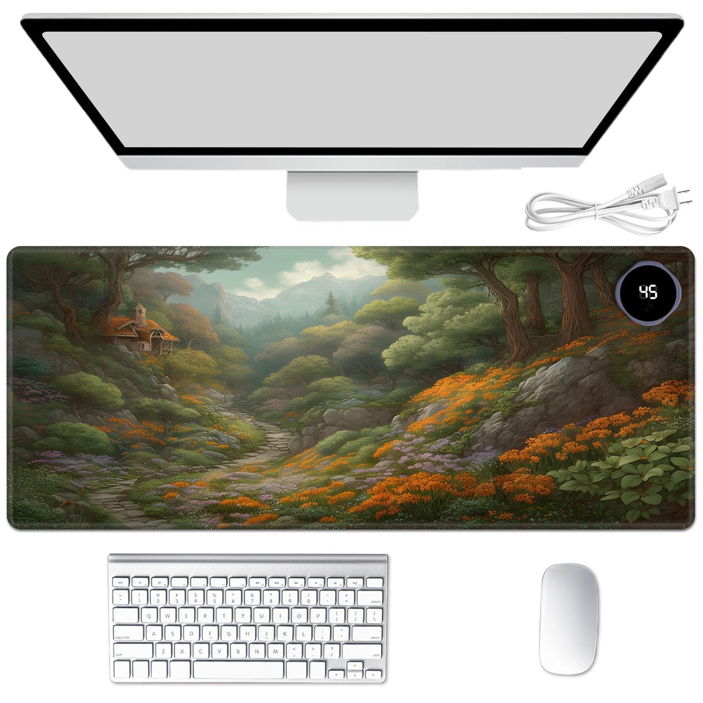 Heated Mouse Pad Hand Warmer, Warm Desk Pad Mousepad Desk Mat with 3 Levels Heating and 3 Hours Auto Shut Down 31.5 x 13 inch PU Leather Warmer Keyboard Mat for Gaming Laptop Office Home, Forest Art
