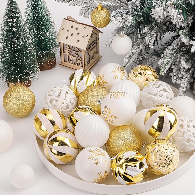 Ouddy Decor 84 Pcs Christmas Tree Ornaments Set, Gold and White Christmas Decorations Shatterproof Plastic Glittery Baubles for Wreath Garland Wedding Party Holiday New Year Home Decor, Gold & White
