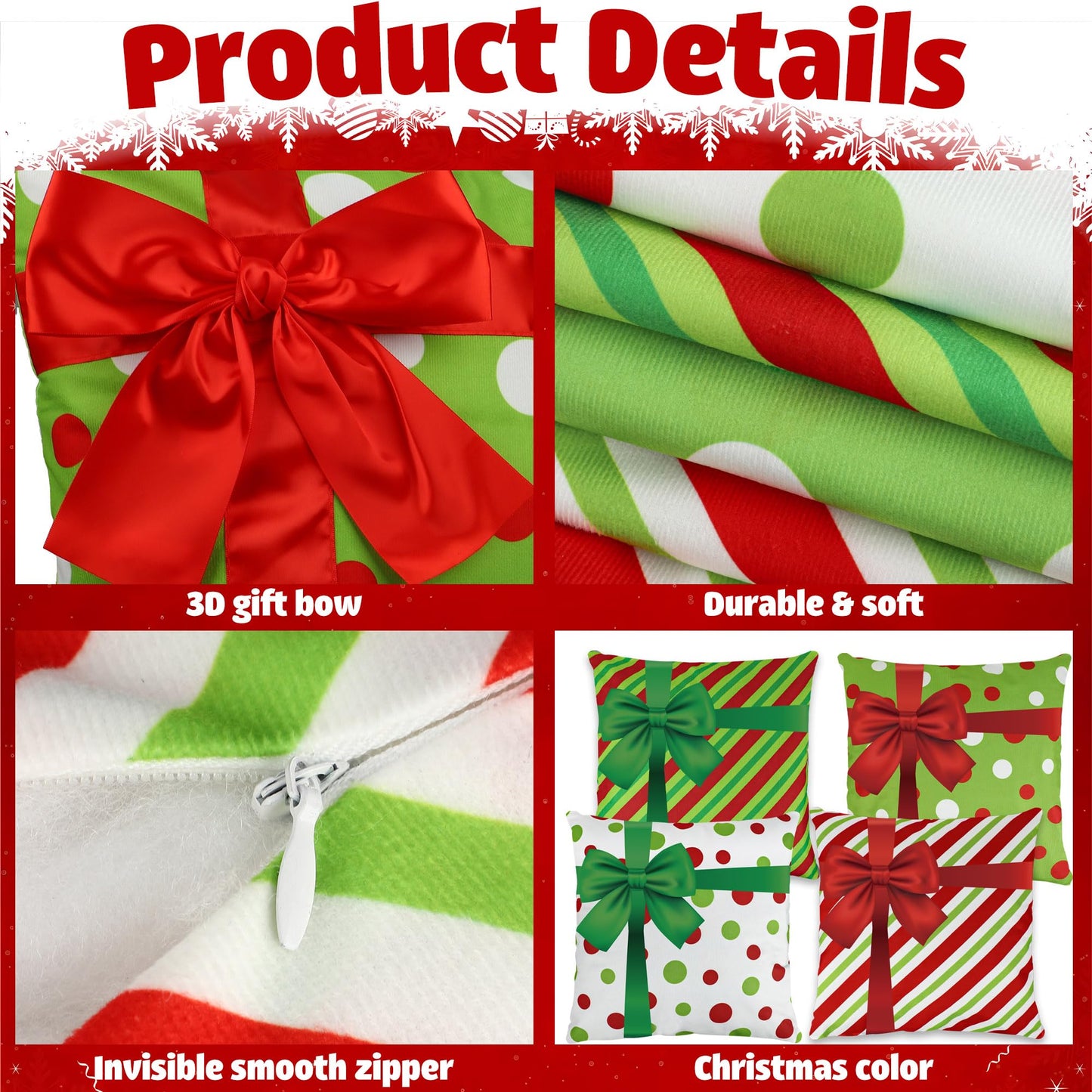 peony man Christmas Pillow Covers 18 x 18 Inch 3D Bows Throw Pillow Cases Outdoor Christmas Red Green Dot Stripe Decorative Cushion Covers for Sofa Couch Winter Holiday Decoration, Set of 4