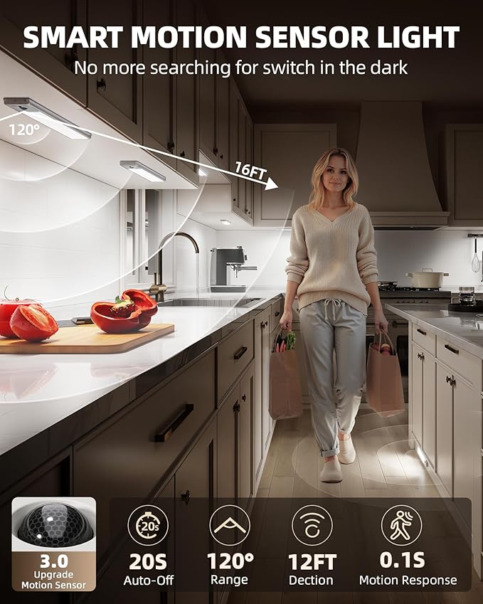 EZVALO 3 Pack Under Cabinet Lighting, 3200mAh Rechargeable Motion Sensor Light, 12inch Magnetic Closet Lights with Dimmable & 3 Color Temps, Wireless Motion Activated Lights with Remote for Kitchen