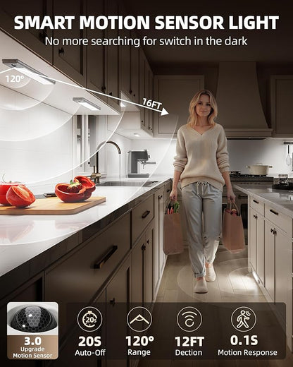 EZVALO 3 Pack Under Cabinet Lighting, 4000mAh Rechargeable Motion Sensor Light, 16inch Magnetic Closet Lights with Dimmable & 3 Color Temps, Wireless Motion Activated Lights with Remote for Kitchen