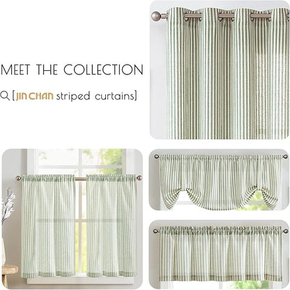 jinchan Tab Top Linen Kitchen Curtains 24 Inches Striped Tier Curtains Farmhouse Modern Cafe Style Small Window Treatments Airy Light Filtering Rod Pocket for Living Room Bathroom 2 Panels Sage Green
