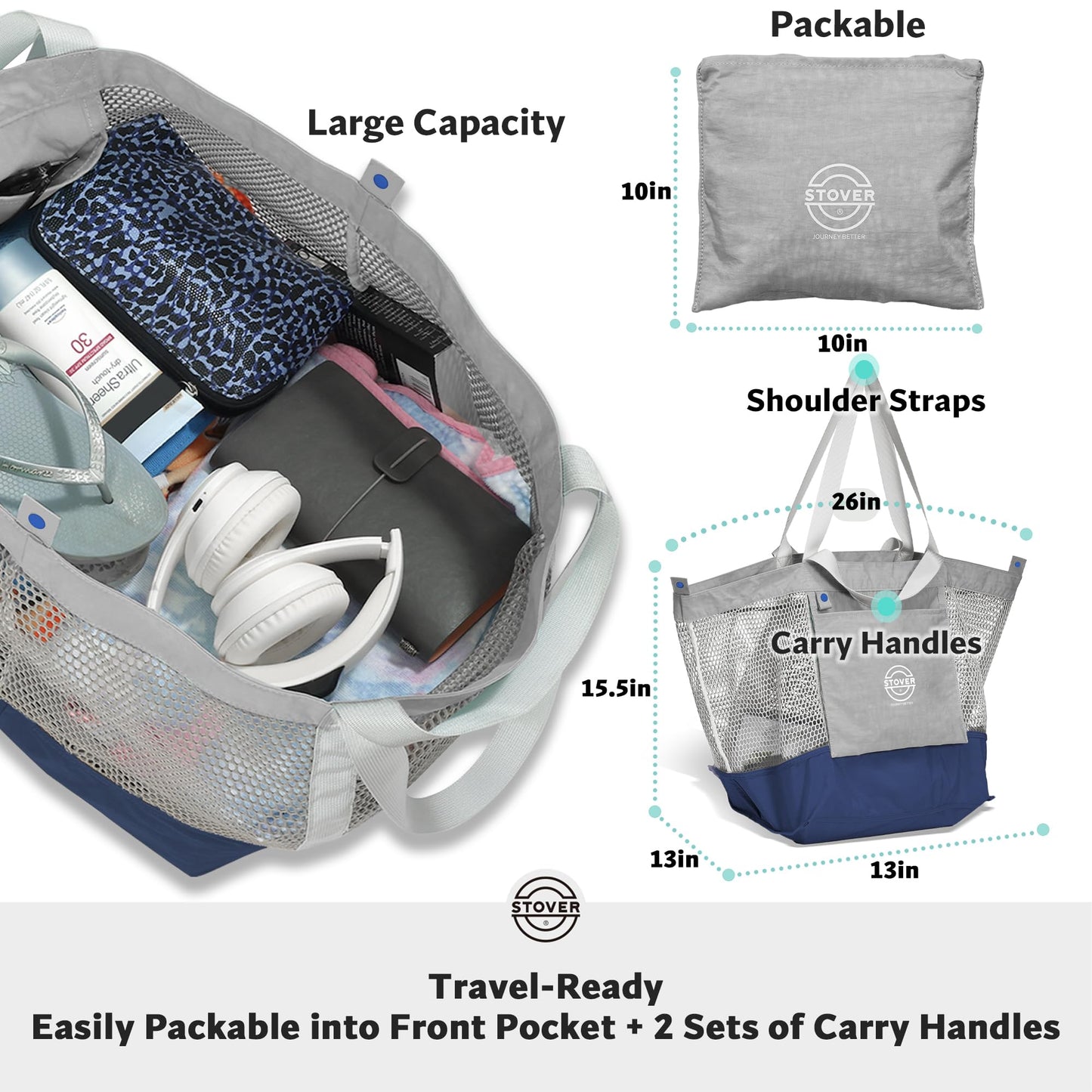 STOVER Extra Large Mesh Nylon Beach Bag, Vacation, Pool, Shopping, Toy, & Travel Tote - Foldable w/Storage Pouch & Pockets for Women, Men & Families - Heavy-Duty and Water-Resistant (Coastal Grey)