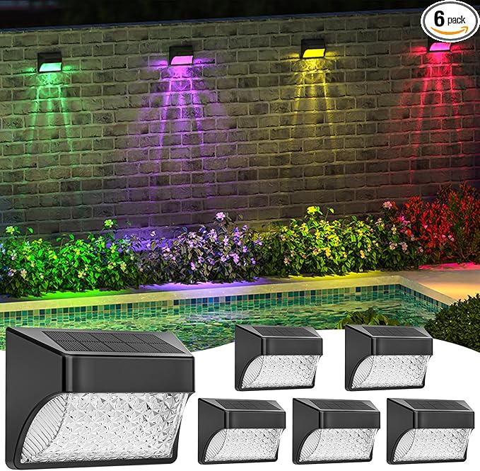 Solar Powered Fence Deck Lights Outdoor Waterproof Led IP65 RGB Color Changing/Warm White Auto On/Off Solar Step Lights for Outside Stair Garden Yard Wall Patio (6 Pack, Black)