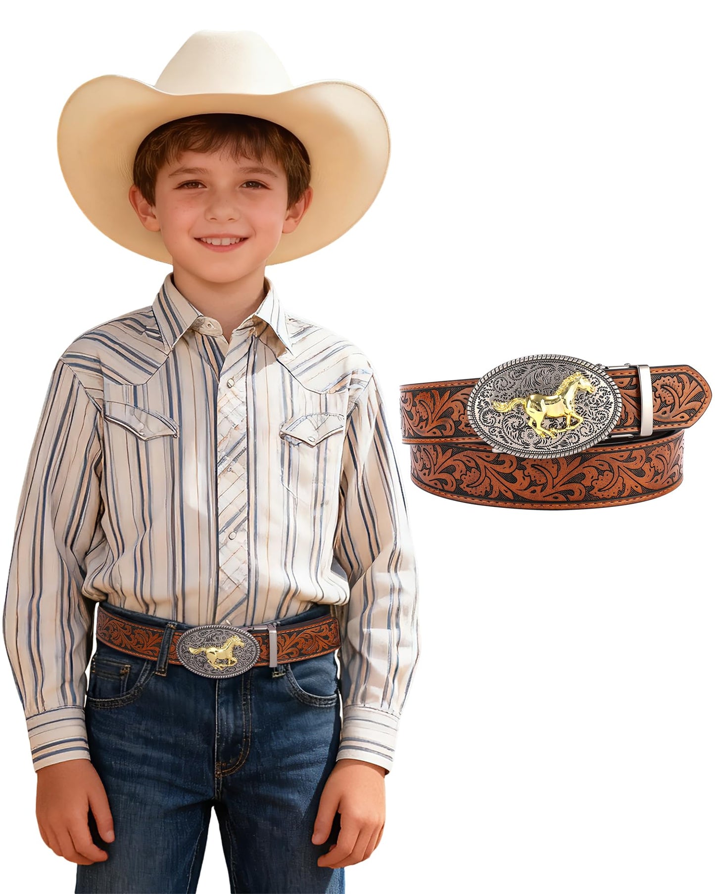 AWAYTR Kids Ratchet Western Belt - PU Leather Cowboy Belt Adjustable Toddler to Big Kid Sizes for Jeans (Gunmetal Gold Horse-Brown, Fit Waist: 23"-26")