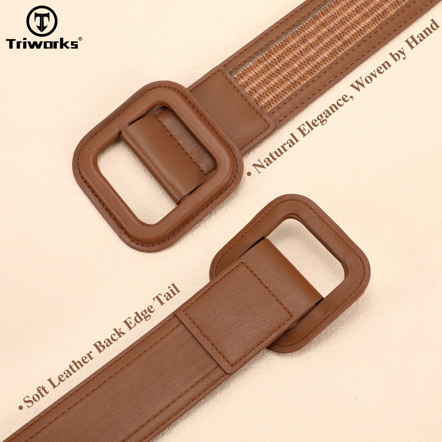TRIWORKS Straw Woven Belts for Women Wide Waist Leather Boho Briaded Belt No‑Hole Adjustable for Dresses