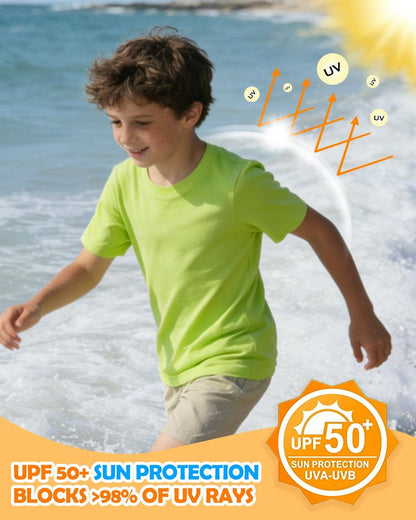 Boys' UPF 50+ Swim Shirt, Kids Short Sleeve Rash Guard, Toddler to Youth UV Sun Protection Athletic Sports Neon T Shirt Undershirt
