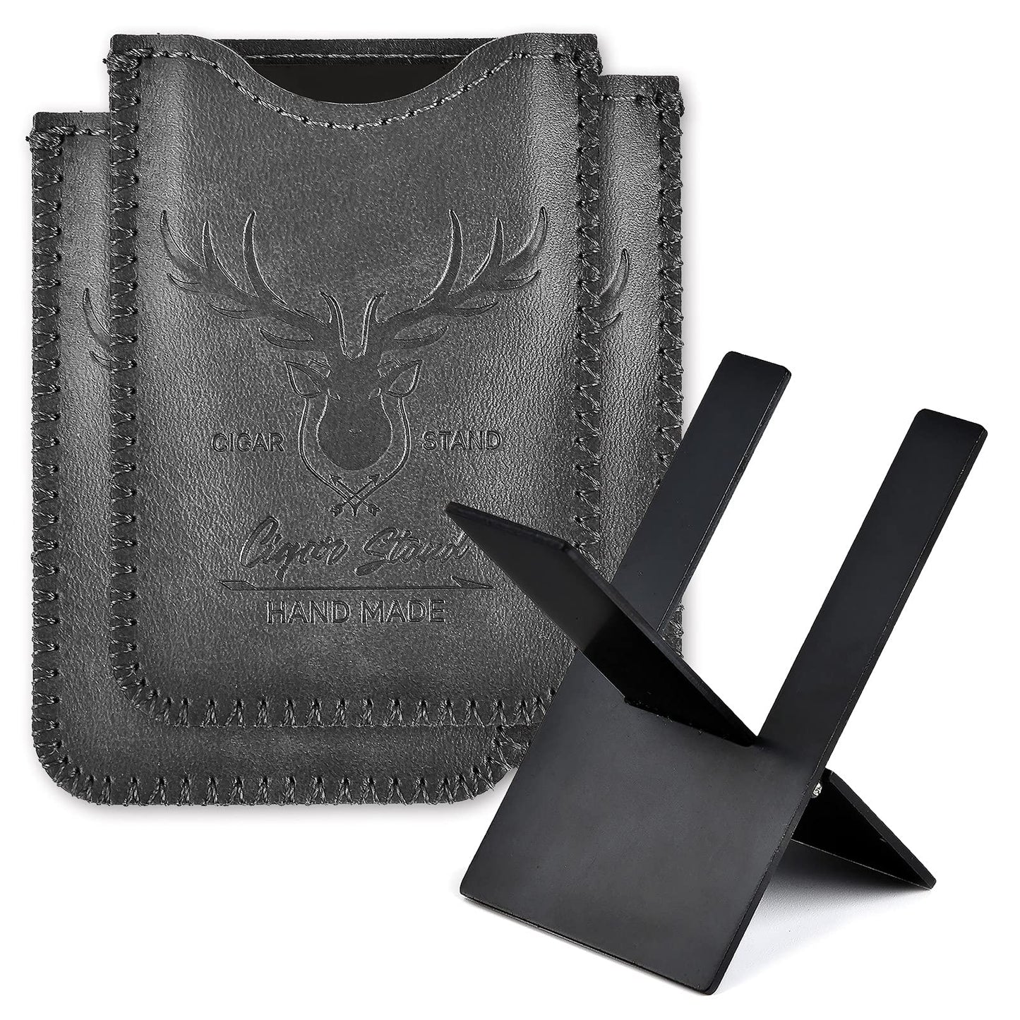 Menesia 3 Pieces Black Stainless Foldable Cigar Stand Holder with Travel PU Leather Case,Lightweight Steel Portable Cigar Cigarette Display Shelf Tray