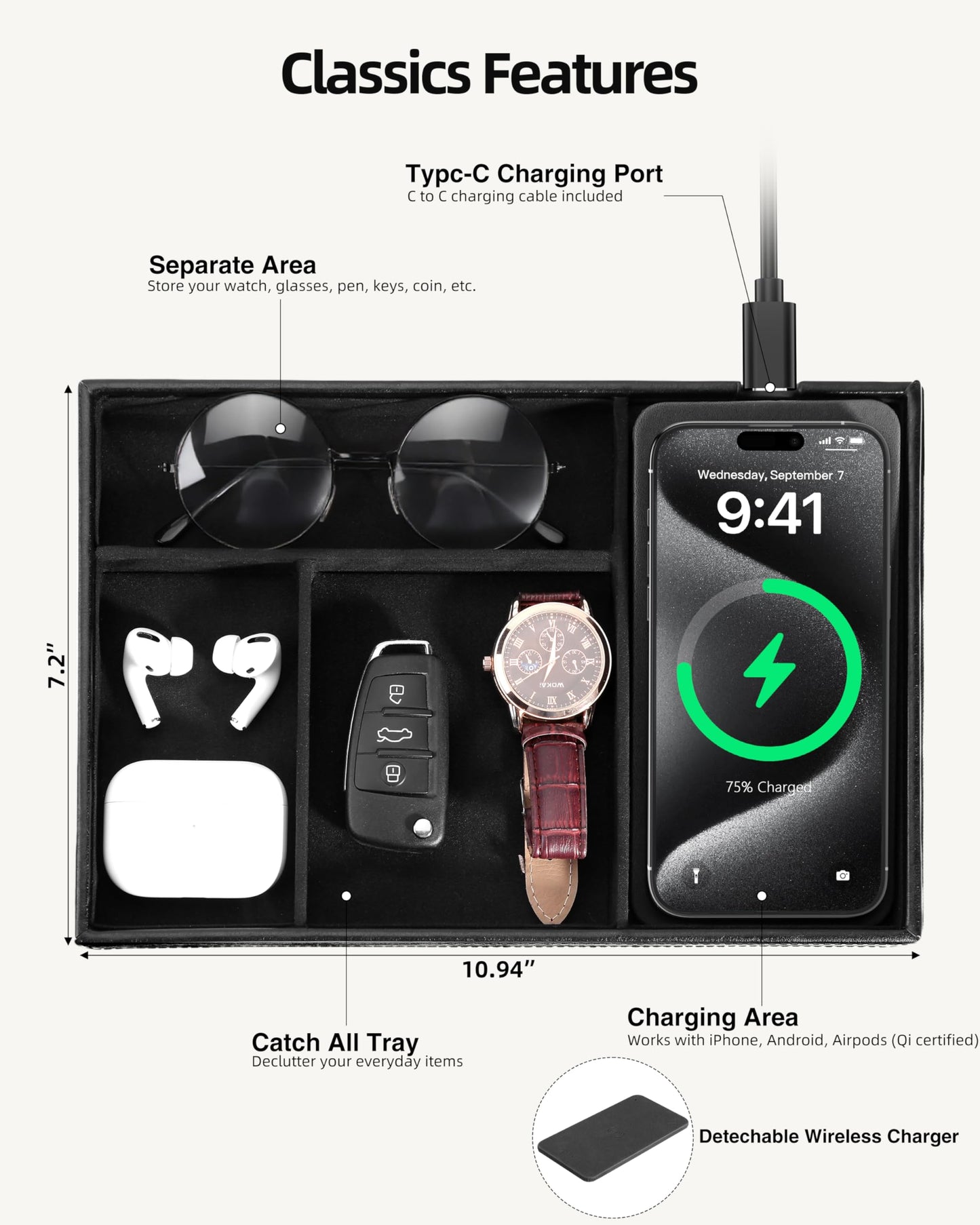 Investme Valet Tray with Wireless Charger, Nightstand Organizer for Men, EDC Catchall Tray for Keys, Watch, Wallet, Jewellery, Premium Vegan Leather, Bedside Caddy, Stylish and Organized, PU Black