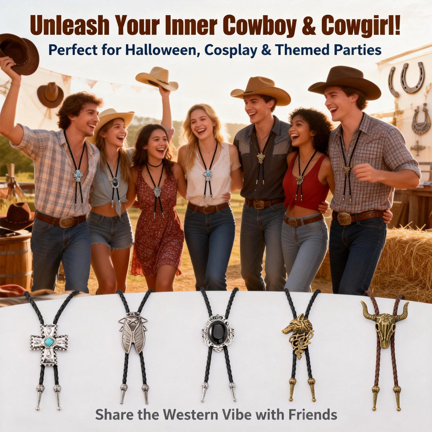 INSYOHO 5 Pcs Western Cowboy Bolo Tie for Men Women Native American Turquoise Cross Leather Necktie Rodeo Costume Necklace Accessories with Cicada, Fox Head, Bull Head Pendant Designs