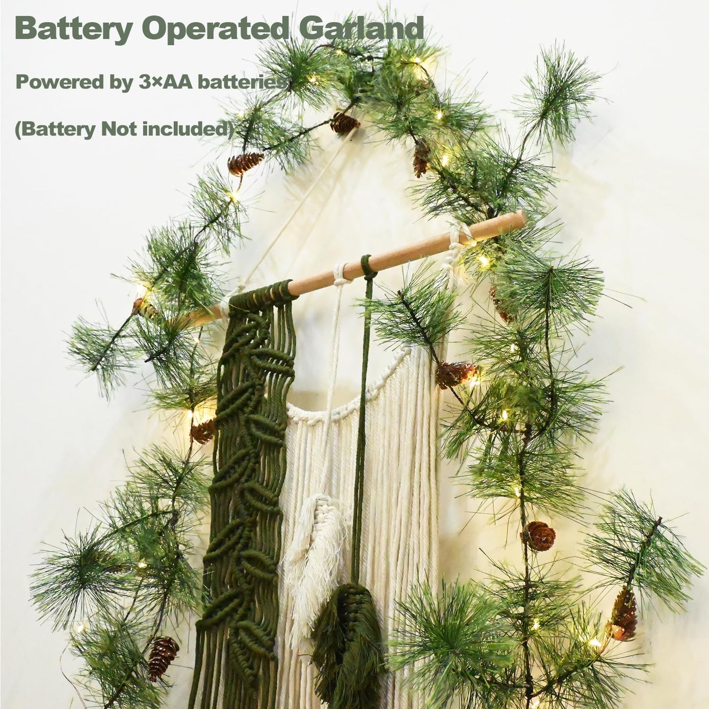 PALONMY Christmas Garland with Lights 6.56 FT Smokey Pine Garlands with 30 LED Fairy Lights Battery Operated Garland Lights with Pine Cones Artificial Greenery Garland Christmas Pre-lit Light for Home