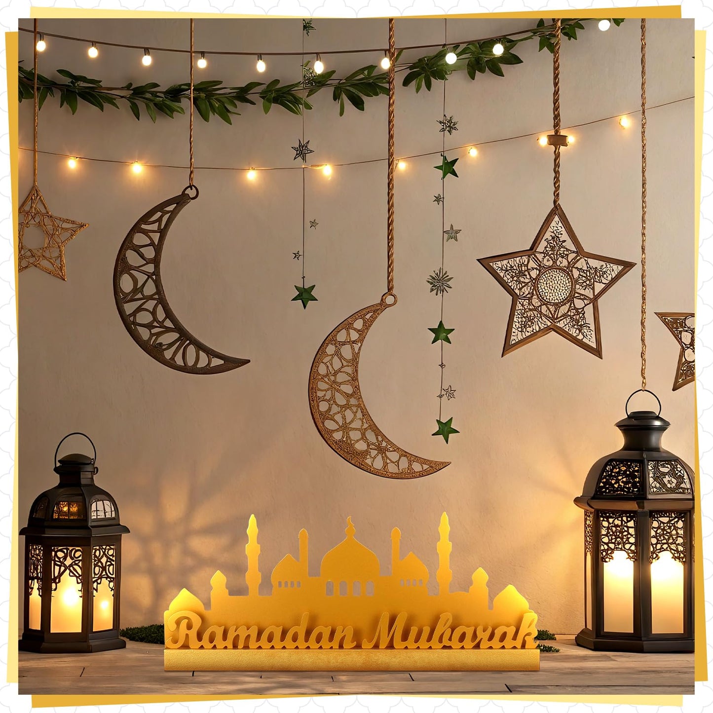 13.78 Inch Metal Ramadan Table Sign Ramadan Mubarak Letter Sign Eid Decorations for Home Muslim Golden Palace Islamic Table Centerpiece for Islamic Home Office Kitchen Party Decor Gifts
