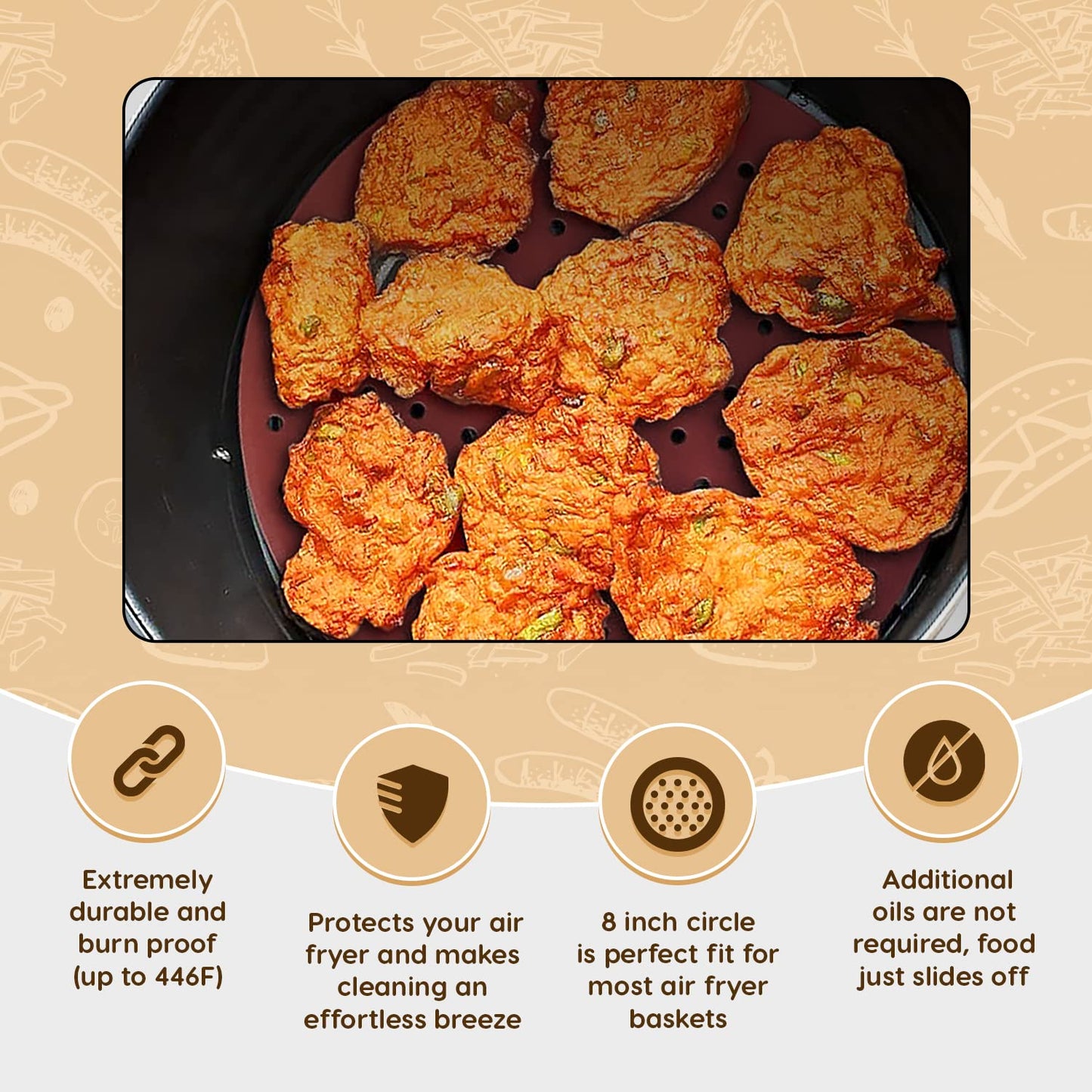 Reusable Square Silicone Air Fryer Liners (8.5 Inch, 3 Pack) by Linda’s Essentials - Non-Stick, Easy-Clean Accessories with Cheat Sheet & Recipe Book, Perfect for Quick Meals
