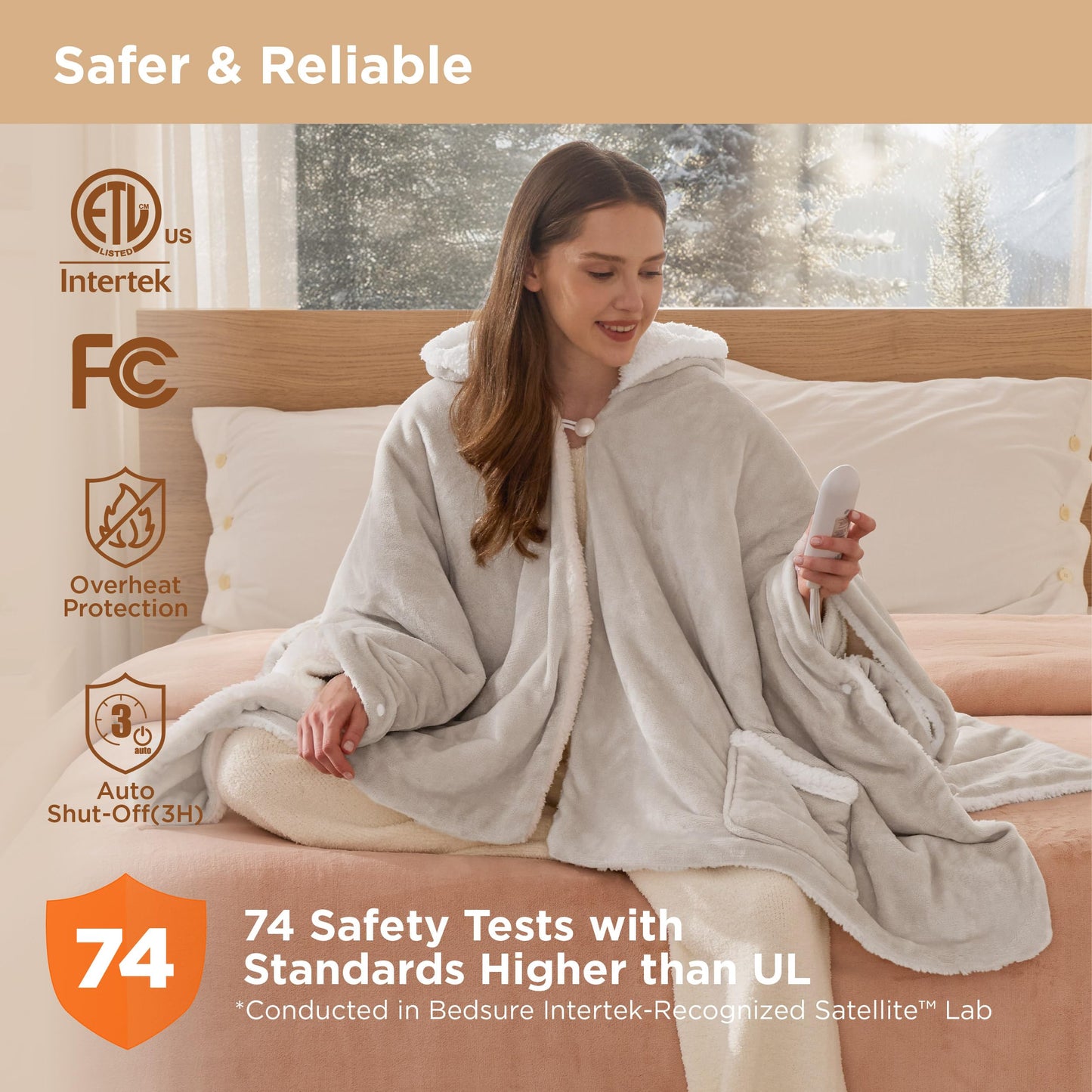 Bedsure Heated Blanket Wearable Shawl - Electric Wrap Poncho Blanket Hoodie for Adult, Birthday Gifts for Mom Women, Sherpa Heating Throw with 4 Time Settings & 6 Heat Settings, 55x64 inches, Grey