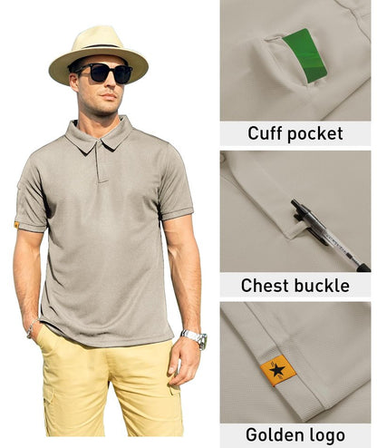 ZITY Mens Polo Shirt Short Sleeve Sports Tactical T-Shirt Athletic Golf Polos Daily Casual Stylish Collared Shirts for Men Lightkhaki Large