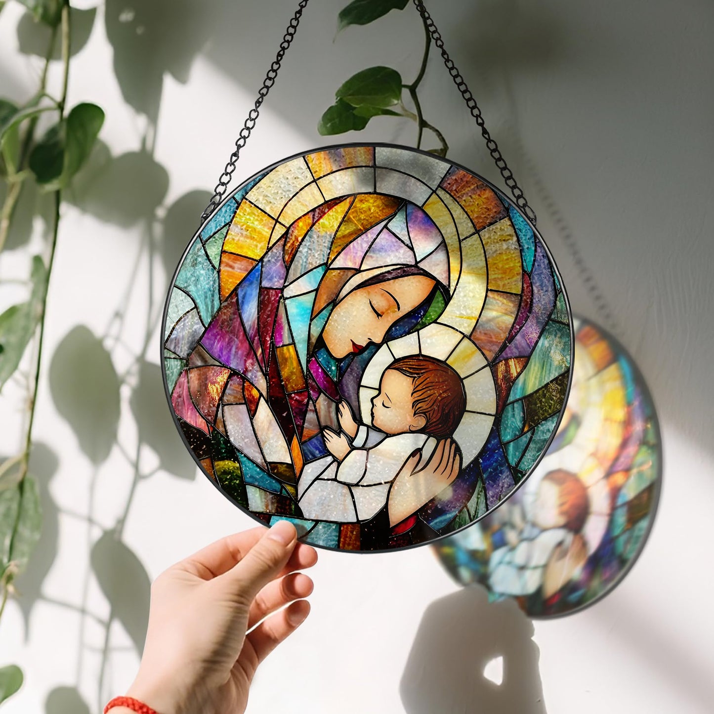 Baby Jesus and The Holy Mother Mary Sun Catcher, 8 Inch Stained Glass Window Hanging, Stained Glass Decor, Christian Home Decor, Christian Gifts for Women, Religious Gifts for Women