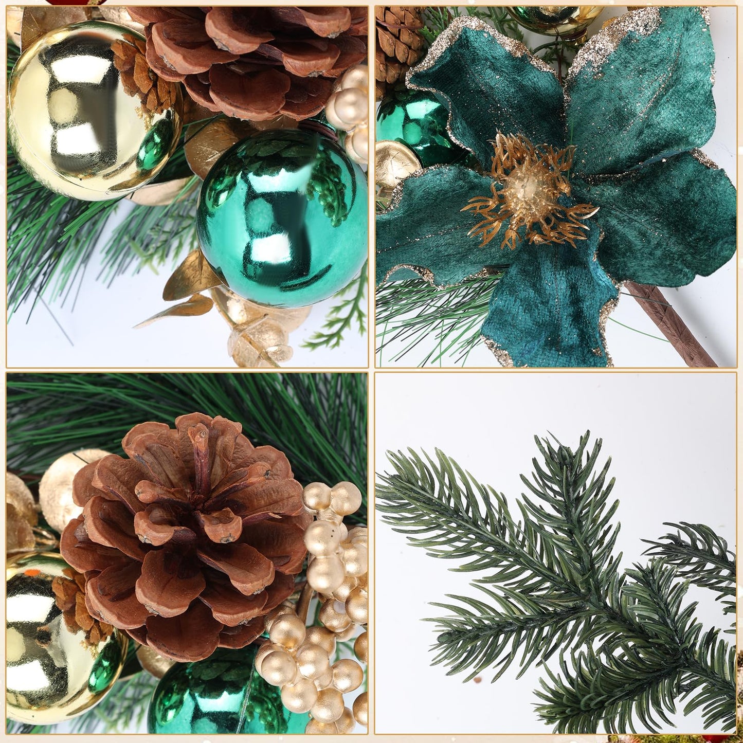 Fiarbrty 18 Inch Christmas Floral Picks and Sprays, 4 Pack Christmas Decorations with Gold Balls, Pinecones, Blue Eucalyptus & Berry Stems for DIY Wreath, Christmas Tree, Mantel, Table Centerpiece