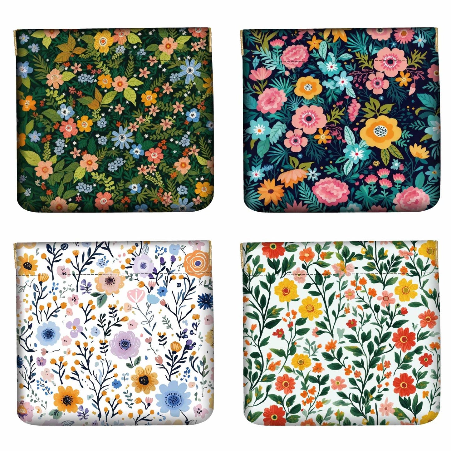 PRESSINART 4Pcs 4 Styles Flower Coin Pouch Leather Squeeze Coin Purse Wildflowers Pattern Print Small Wallet Waterproof Durable Mini Change Bag Ideal for Women Men Shopping Daily Use Birthday Gift