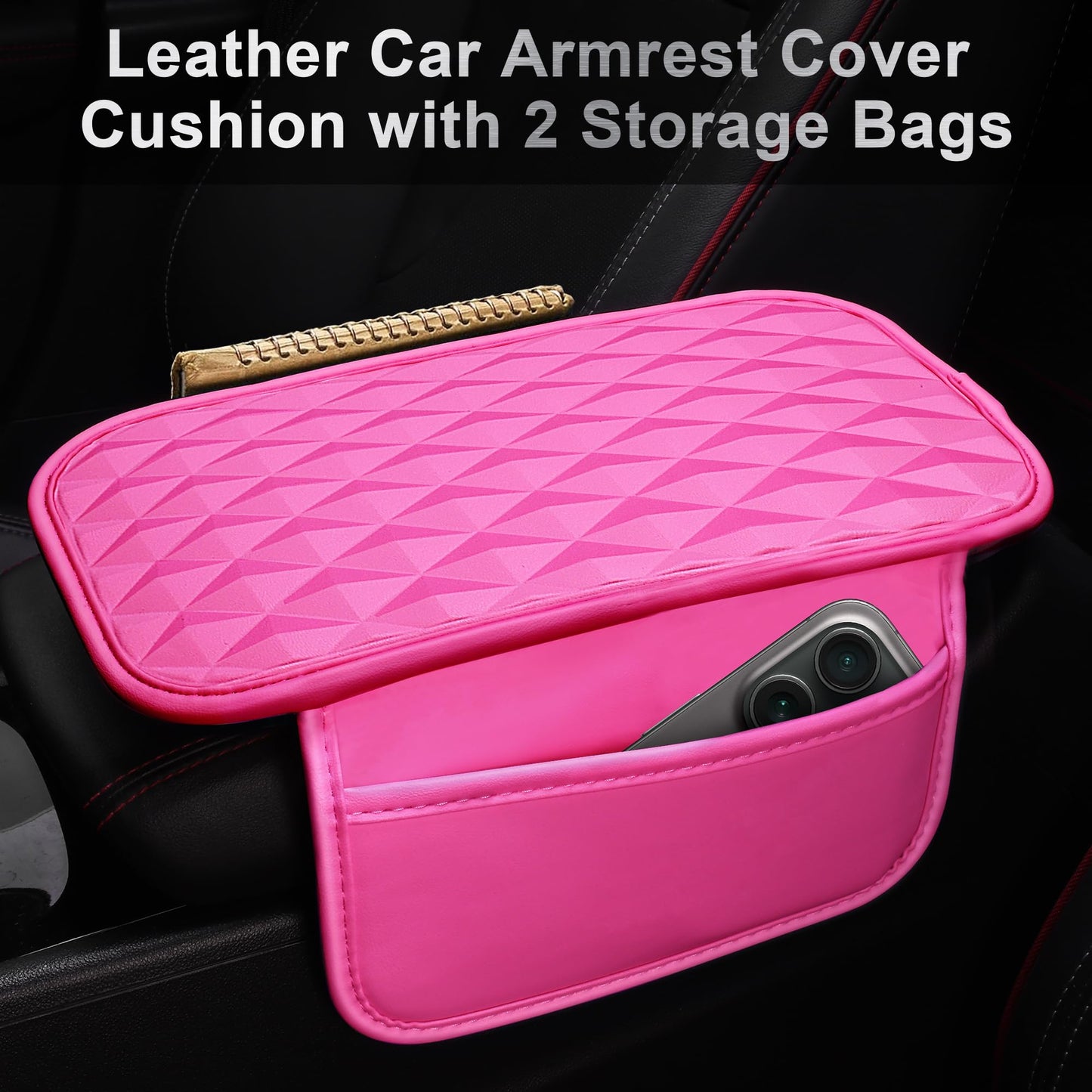 CAR PASS 3D Rhombus Pink Leather Steering Wheel Cover Car Accessories Set, Center Console Armrest Cushion with Storage Bags 2 Non-Slip Cup Coasters, 14.5-15in Cute Car Interior Sets, 4 PCS Hot Pink