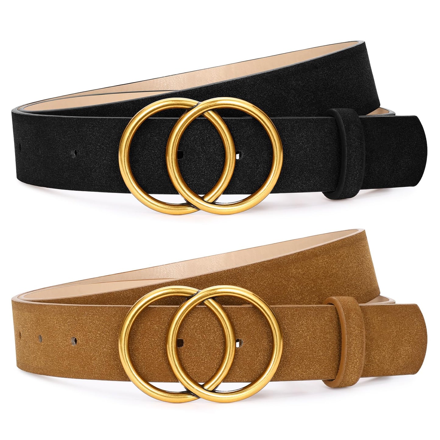 SANSTHS 2 Pack Women Leather Belts Faux Leather Jeans Belt with Double O Ring Buckle, Black&Brown M