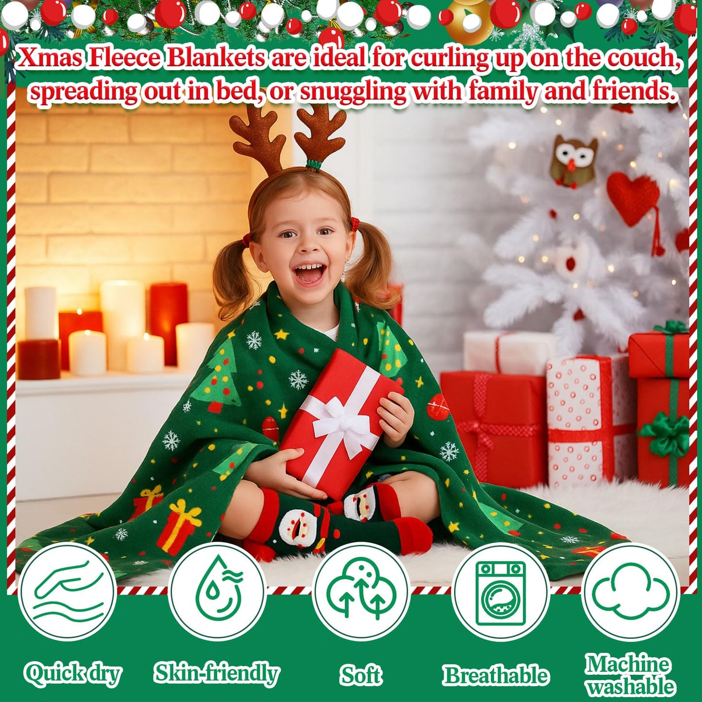 Windkream 12 Pcs Christmas Throw Blankets for Homeless with Ribbon Xmas Flannel Fleece Blankets Gingerbread Snowman Lightweight Soft Plush Couch Throw for Bedroom Winter (50 x 60 Inch)