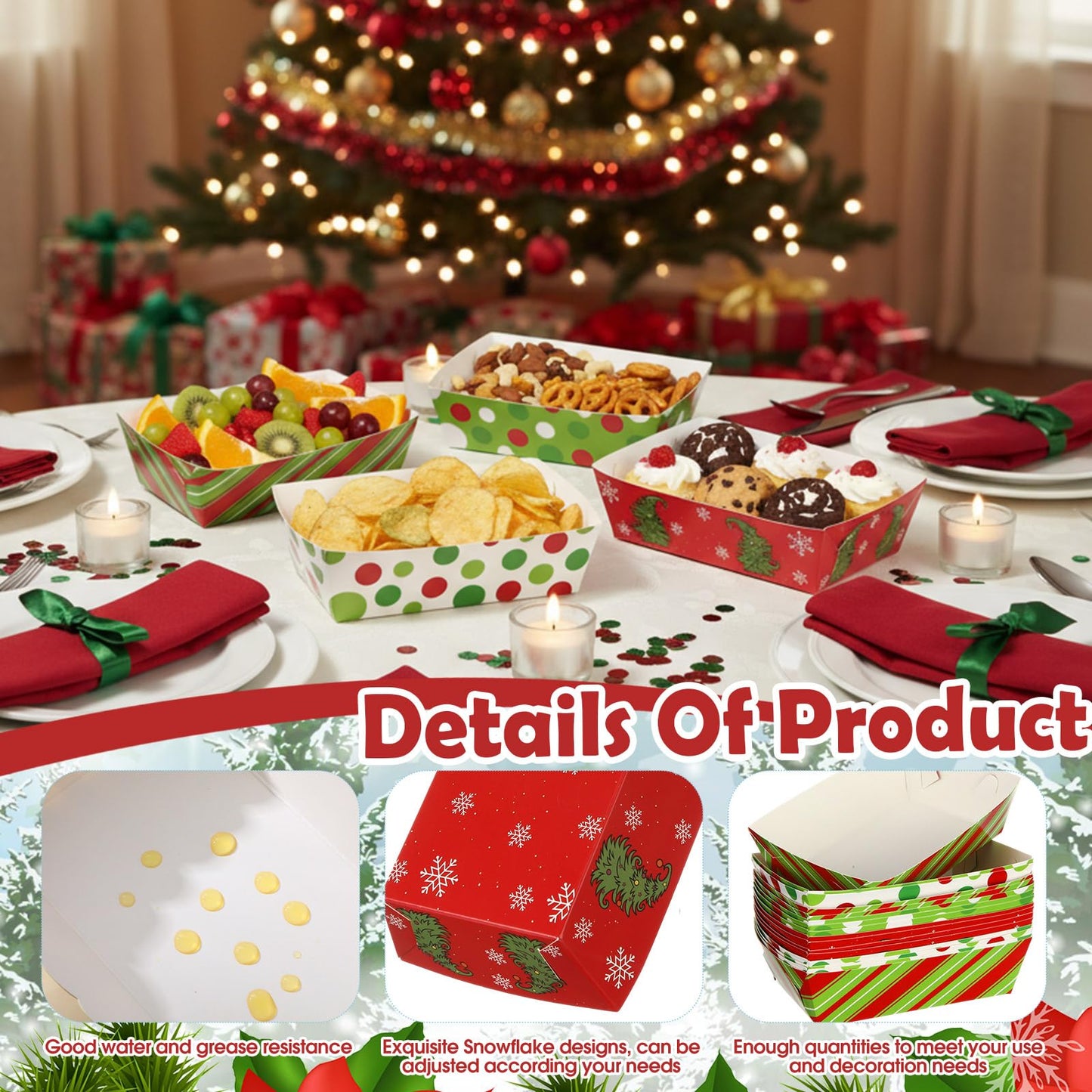 Dunzoom 48 Pcs Christmas Paper Food Trays Plates Disposable Christmas Movie Snack Trays Santa Elf Snowman Red Green Plates Nacho Hot Dog Serving Boat for Xmas Party Supplies Decoration (Style 2)