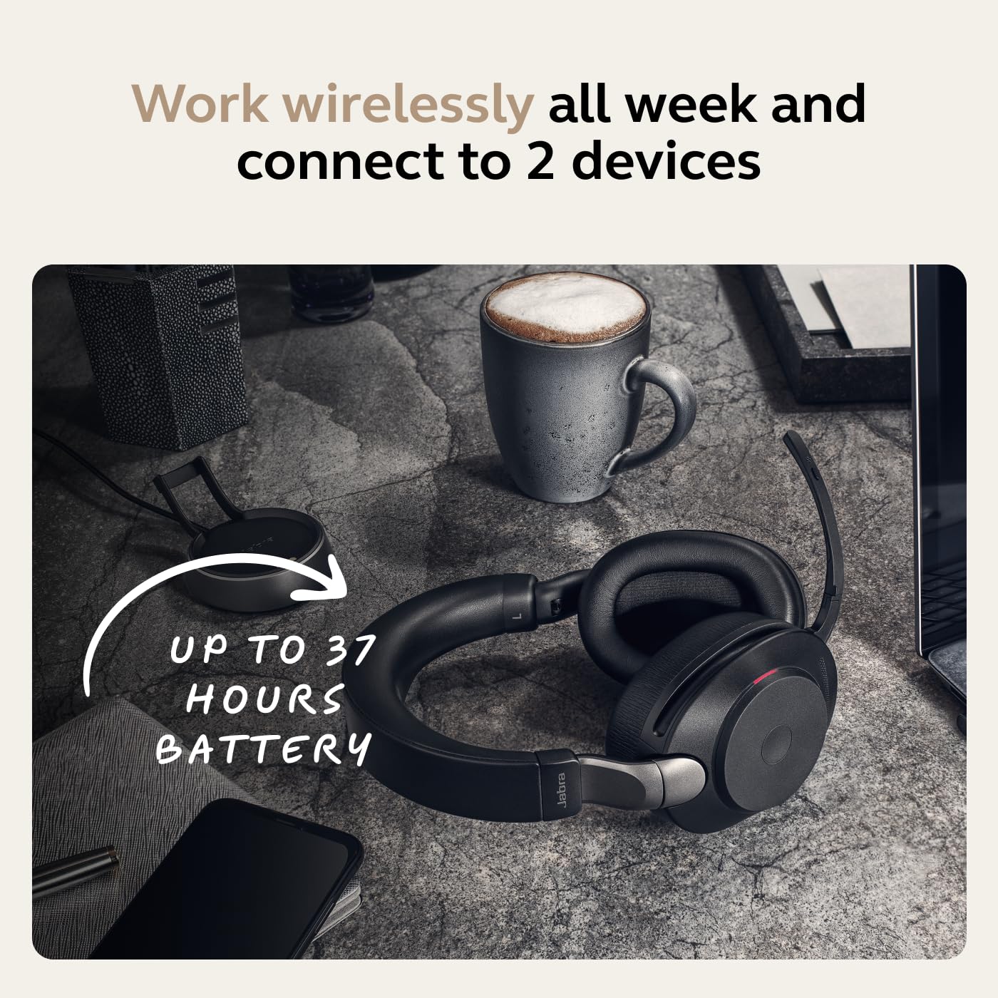 Jabra Evolve2 85 Wireless PC Headset – Noise Cancelling MS Certified Stereo Headphones with Long-Lasting Battery – USB-A Dongle, Charging Stand – Black