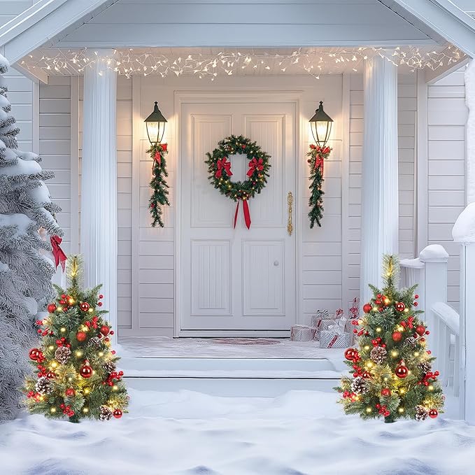 Set of 2 Outdoor Pathway Christmas Trees with Lights, 30in Prelit Battery Operated Artificial Xmas Tree Holiday Décor for Porch, Urn & Planter Filler, Red Berries, Pine Cones, Ball Ornaments
