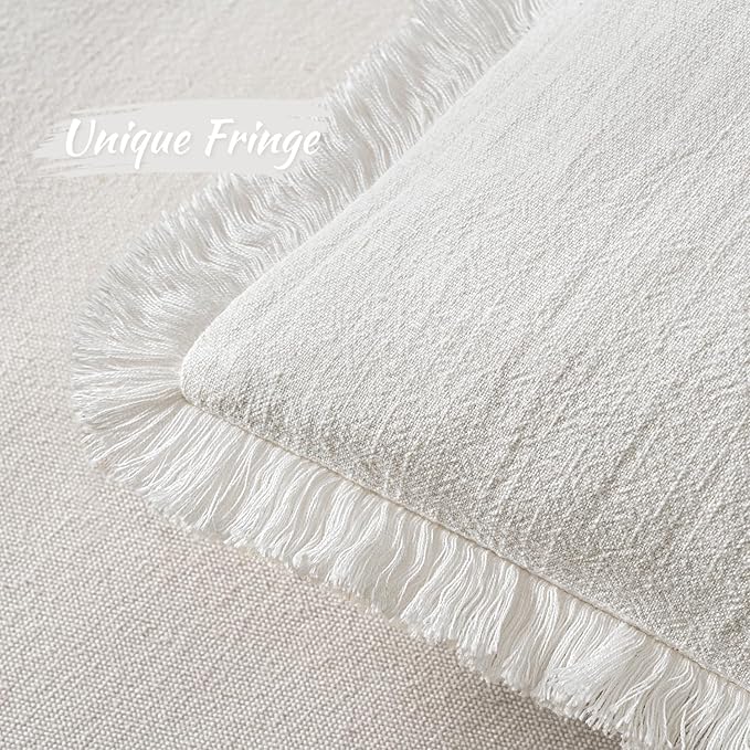 MIULEE Christmas Decorative Lumbar Throw Pillow Covers Neutral Linen Fringe Throw Pillows Set of 2 White Boho Farmhouse Cushion Covers with Tassels for Couch Sofa Bed Living Room Decor 12x20 Inch