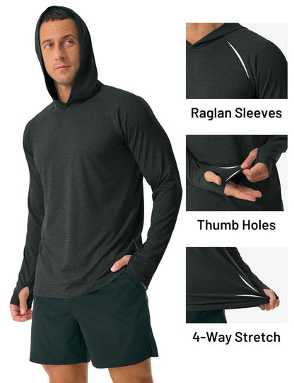 MAGCOMSEN Long Sleeve Shirts for Men Hooded UV Protection Sun Shirt Lightweight Fishing Workout Athletic Swim Rash Guard Black, XL