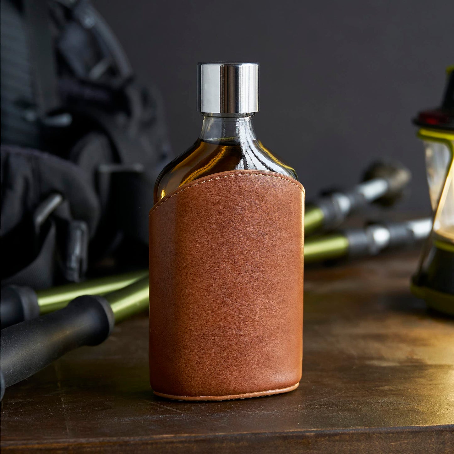 Viski Admiral Parker Glass Flask for Men, Elegant Leakproof Hip Flask with Leather Sleeve for Whiskey, Vodka, Gifts for Men, Groomsmen Gifts, Travel, Camping, Outdoor Adventure, 7 oz, Set of 1