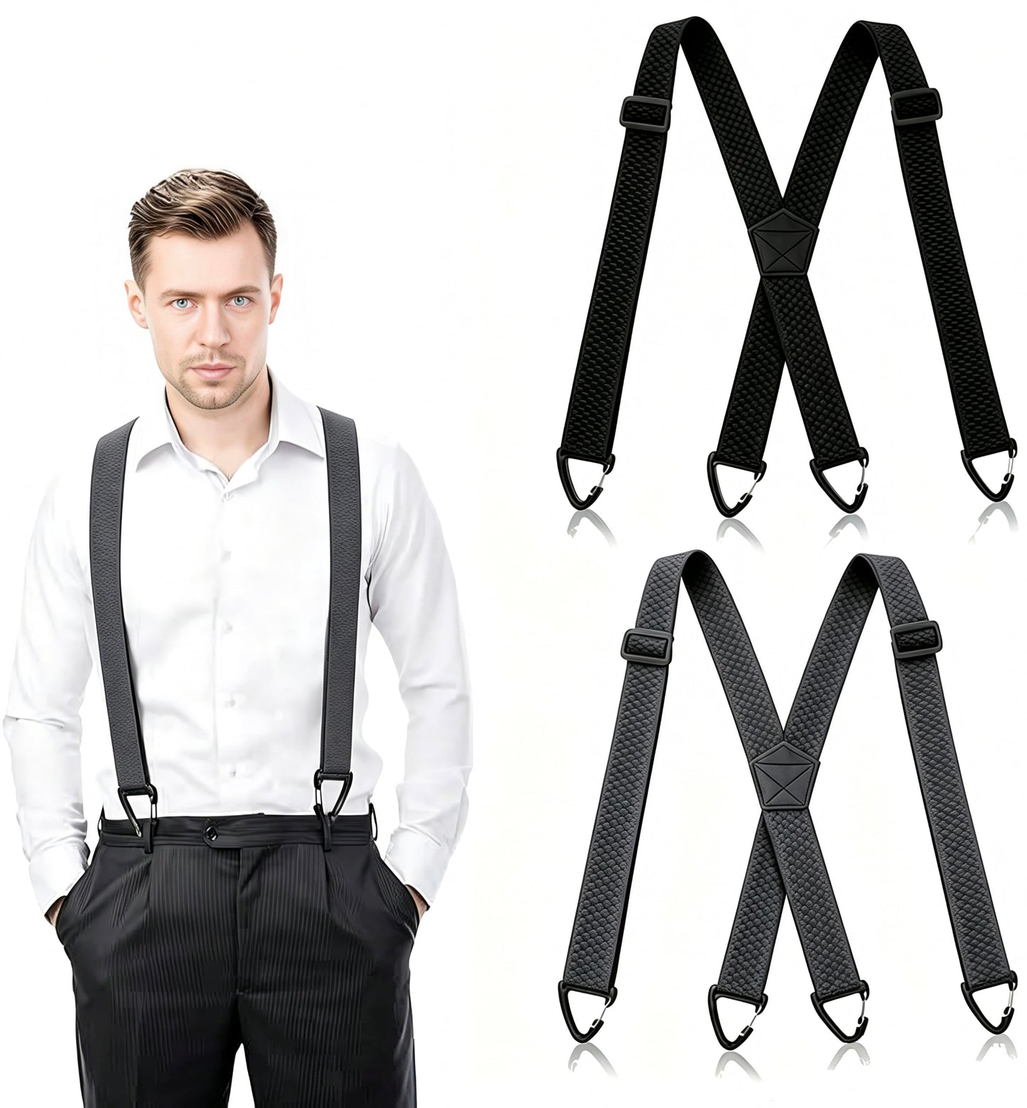 Oppeeye 2 Pcs X Back Hidden Suspenders for Men, 1.5 Inch Heavy Duty Under Clothing Suspenders with Adjustable Clips