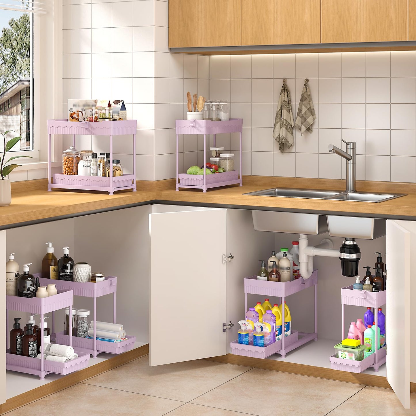 3 Pack Under Sink Organizers, 2-Tier Multi-Use Kitchen and Bathroom Organizers and Storage with Sliding Drawers，Bathroom Cabinet Organizer (Black, 12.8 Inch)