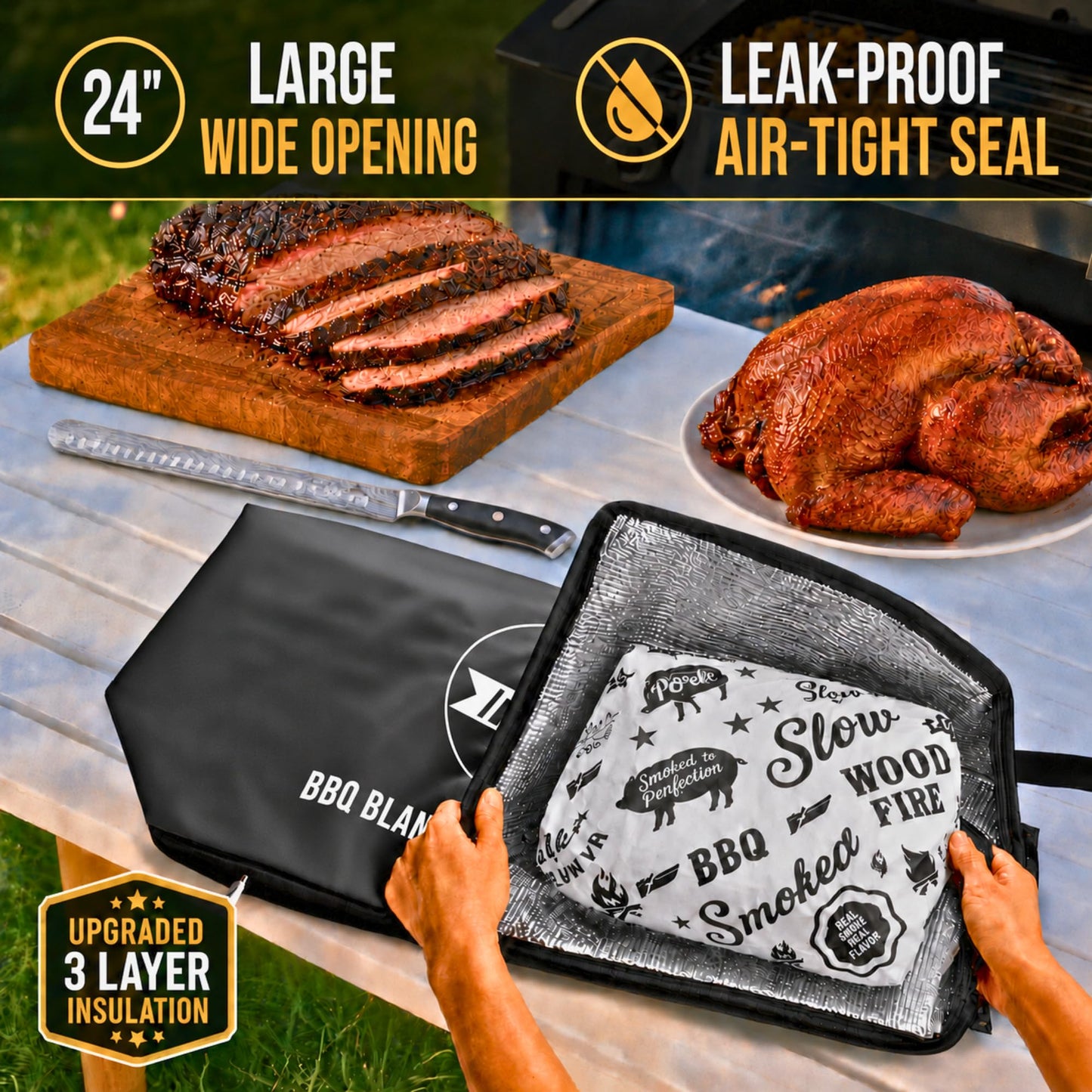 24" Leather BBQ Blanket for Resting Meat - Brisket Blanket Insulated Meat Resting Bag, Leak-Proof & Wide Mouth for Max Heat Retention - Built for Large Brisket, Pork, Beef & Turkey (24 Inch Black)