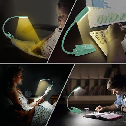 Gritin 9 LED Rechargeable Book Light for Reading in Bed - Eye Caring 3 Color Temperatures,Stepless Dimming Brightness,80 Hrs Runtime Small Lightweight Clip On Book Reading Light -Cyan