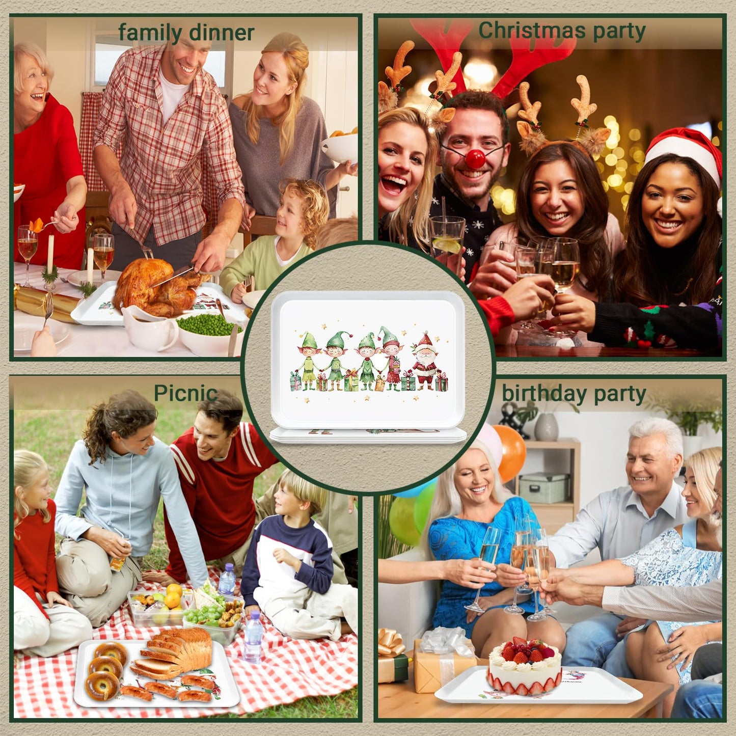 Jrusmr 4-Piece Christmas Serving Tray Set, 15 x 11 Inch Reusable Melamine Platters with Festive Elf Cartoon Designs, Rectangular Holiday Trays for Snacks, Fruits, Desserts & Candy