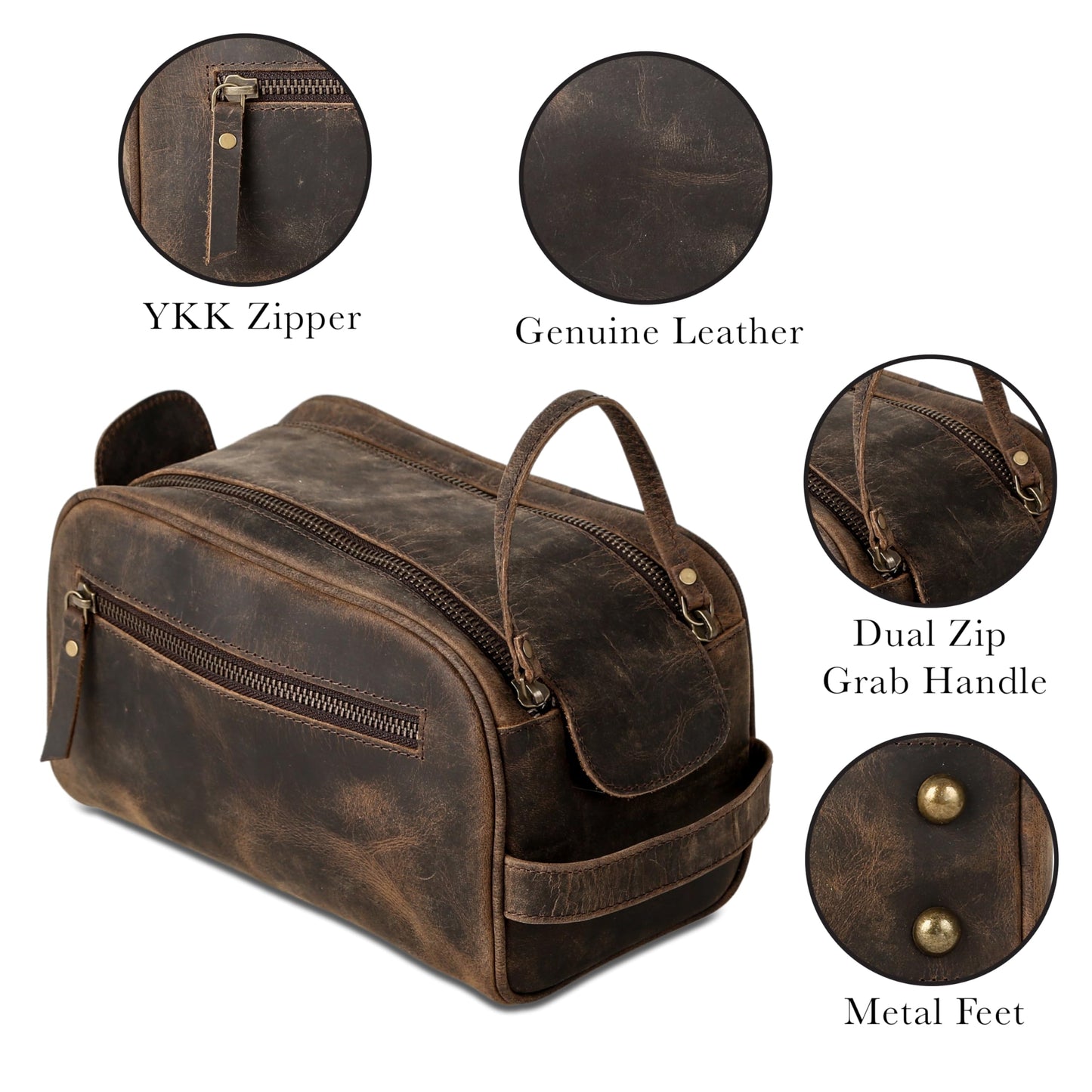 KomalC Travel Toiletry Bag – Premium Leather Dopp Kit for Men & Women with Water-Resistant Lining & Spacious Zippered Organizer