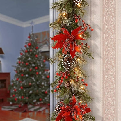 National Tree Company Pre-Lit Artificial Christmas Garland, Green, Evergreen, White Lights, Decorated With Plaid Bows, Berry Clusters, Pine Cones, Plug In, Christmas Collection, 9 Feet