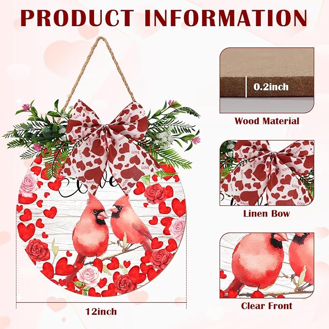 Valentine’s Cardinal Door Sign for Front Porch Farmhouse Love Birds Round Wood Hanging Signs with Hearts Roses and Bow Romantic Rustic Welcome Door Wreath Home Decoration for Couples 12 Inch