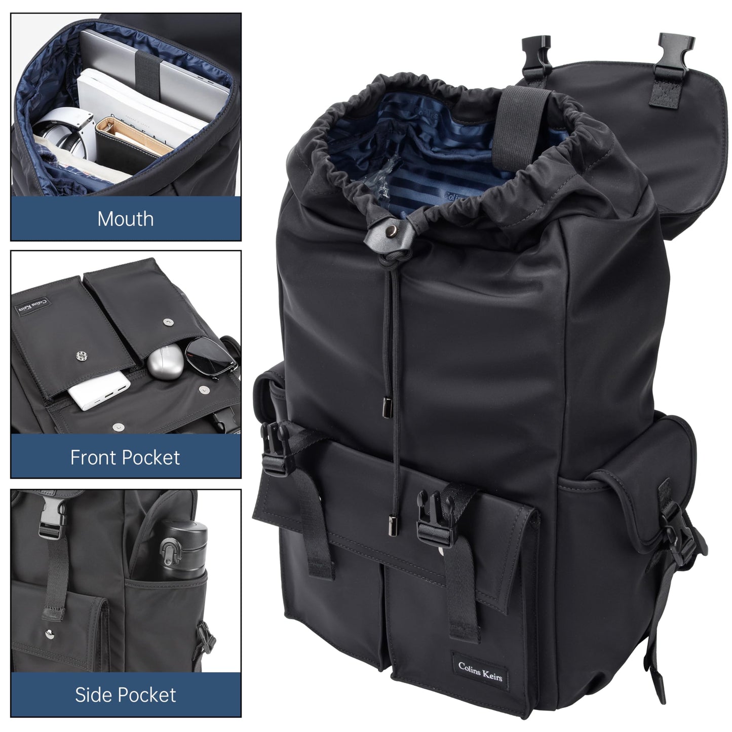 Colins Keirs Black Backpack for Men, 16 Inch Laptop Backpack with Computer Compartment, Slim Waterproof Drawstring Tech Backpack for Travel, Work, College & Daily Use